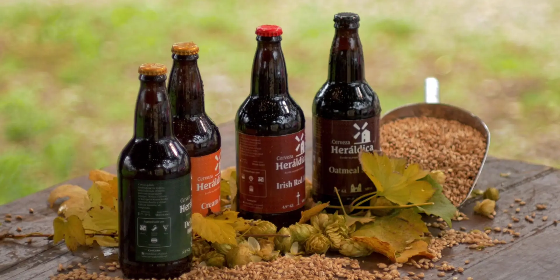 Cuatro botellas de Heráldica sobre una mesa de madera con malta, lúpulo y hojas de otoño